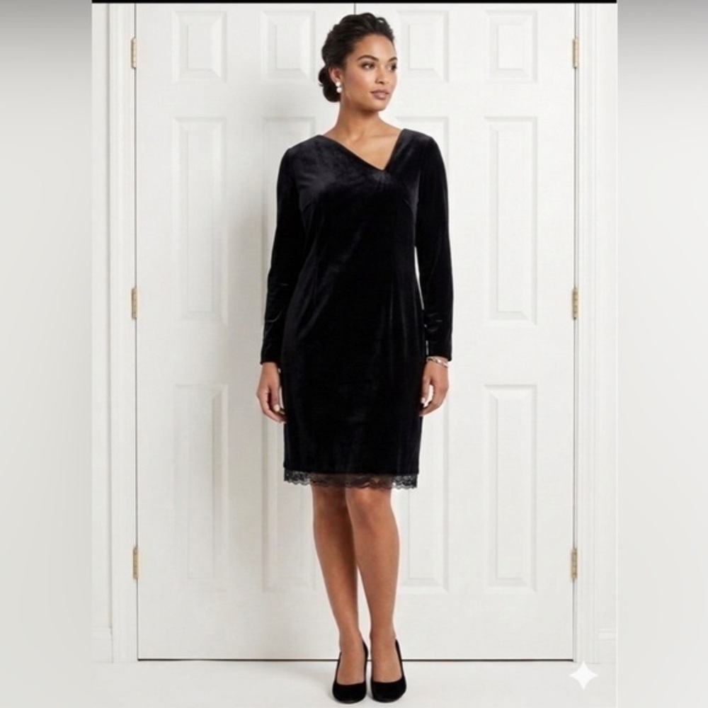 Vtg Halston Women’s 6 Black Velvet Dress Lace Long Sleeve S Silk 80s Whimsgoth